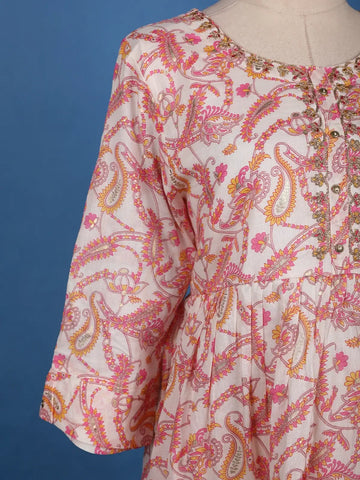 Blush Pink Paisley and Floral Printed Cotton Kurti - Diadem