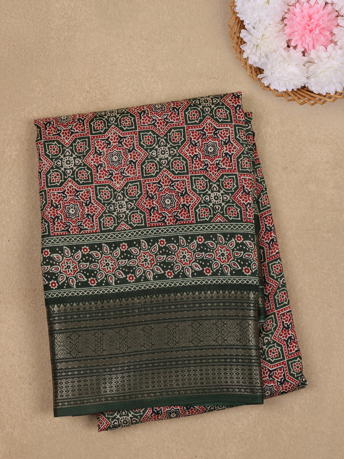 Bottle Green Ajrakh Printed Cotton Saree with Zari Border
