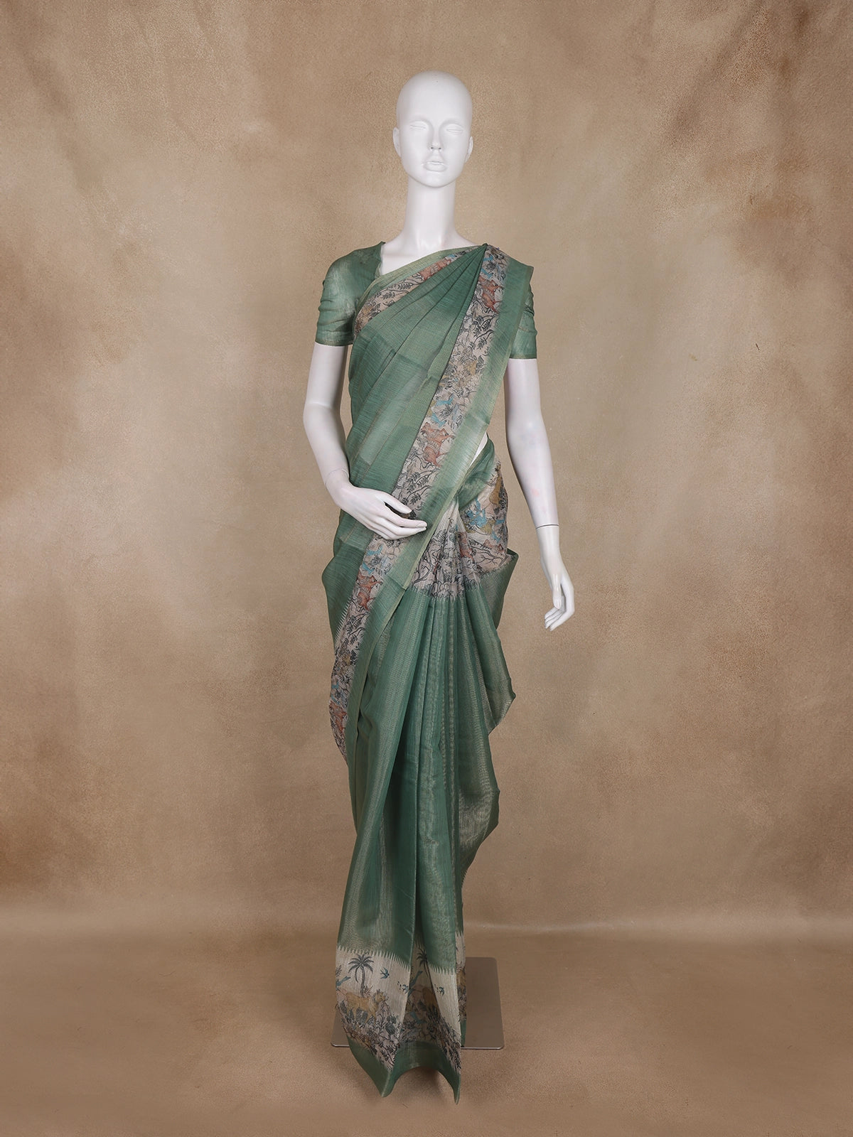 Bottle Green Animal Motif Design Tissue Silk Saree with Zari Border