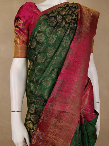 Bottle Green Butta Woven Pure Kanchipuram Silk Saree - Diadem