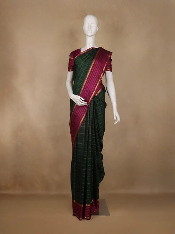 Bottle Green Checks Woven Pure Kanchipuram Silk Saree With Zari Border - Diadem