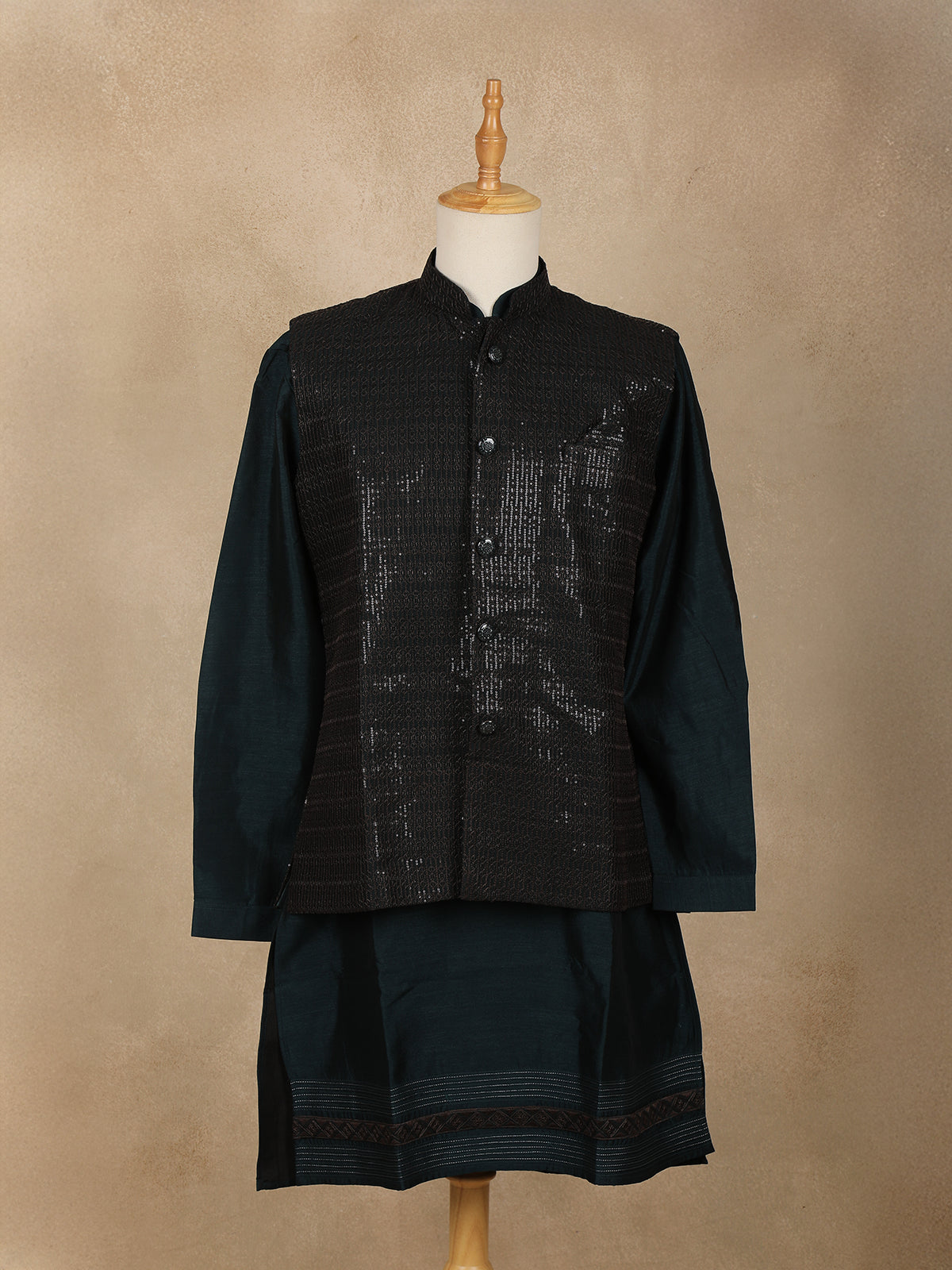 Bottle Green Embroidered Design Semi Silk Kurta Set