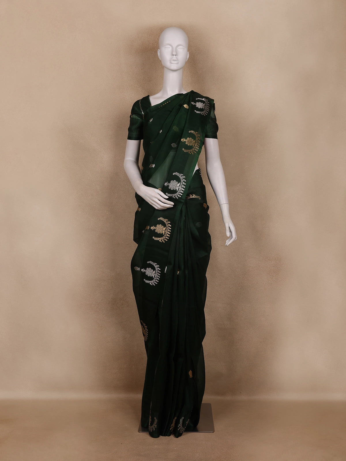 Bottle Green  Floral Butta  Woven Katan Banarasi Saree