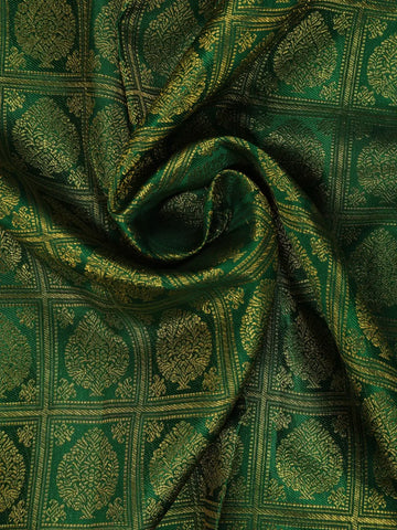 Bottle Green Floral Checks Woven Pure Kanchipuram Silk Saree - Diadem