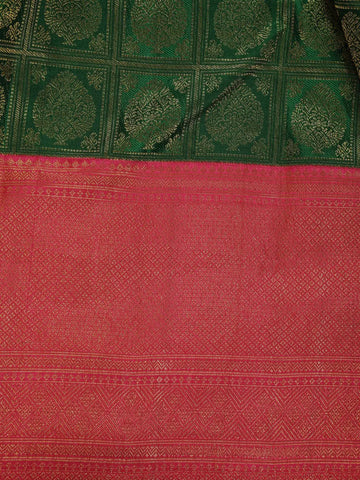 Bottle Green Floral Checks Woven Pure Kanchipuram Silk Saree - Diadem
