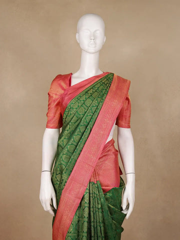 Bottle Green Floral Checks Woven Pure Kanchipuram Silk Saree - Diadem