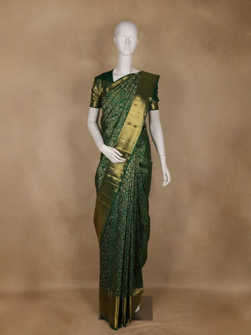 Bottle Green Floral Design Pure Kanchipuram Silk Saree With Zari Border - Diadem