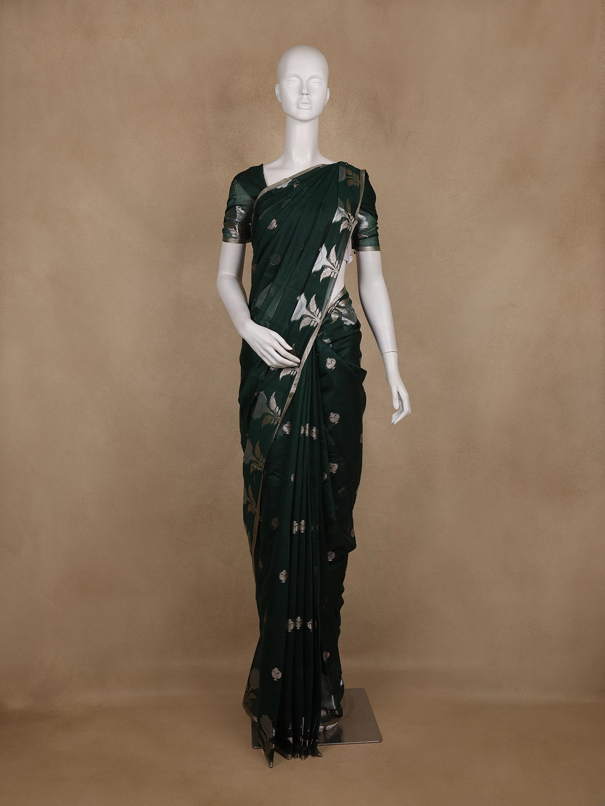 Bottle Green Floral Design Semi Banarasi Silk Saree