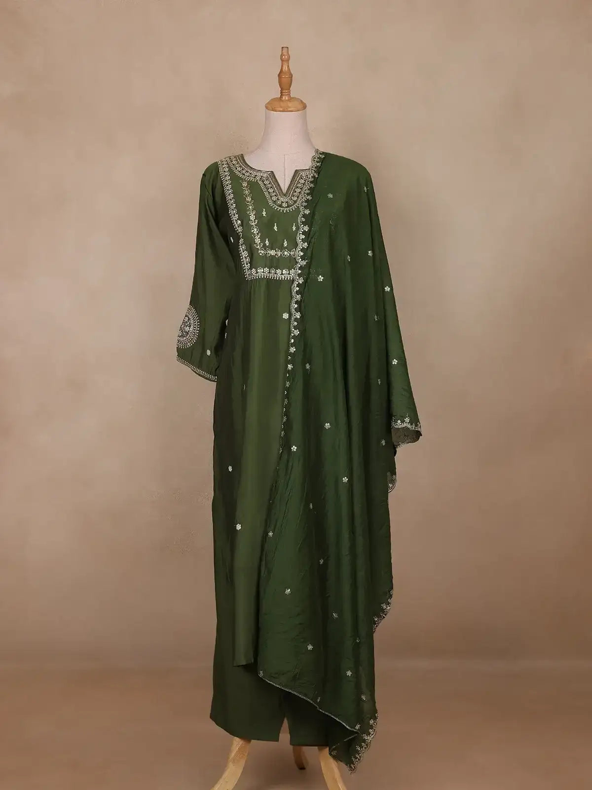 Bottle Green Floral Design Silk Cotton Salwar Suit - Diadem