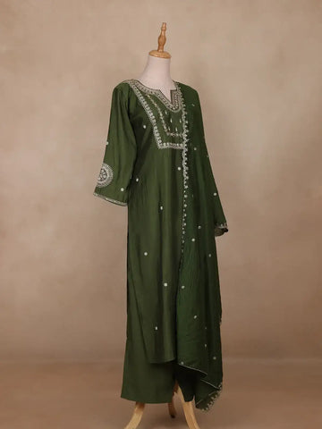 Bottle Green Floral Design Silk Cotton Salwar Suit - Diadem