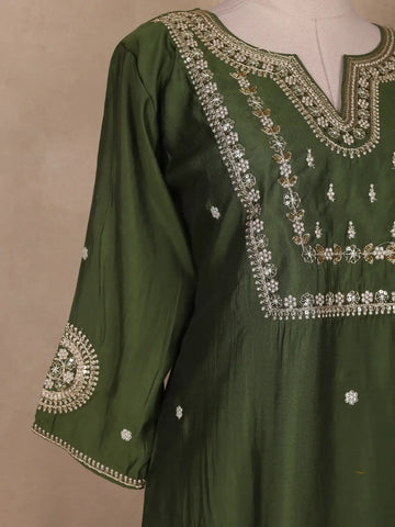 Bottle Green Floral Design Silk Cotton Salwar Suit - Diadem