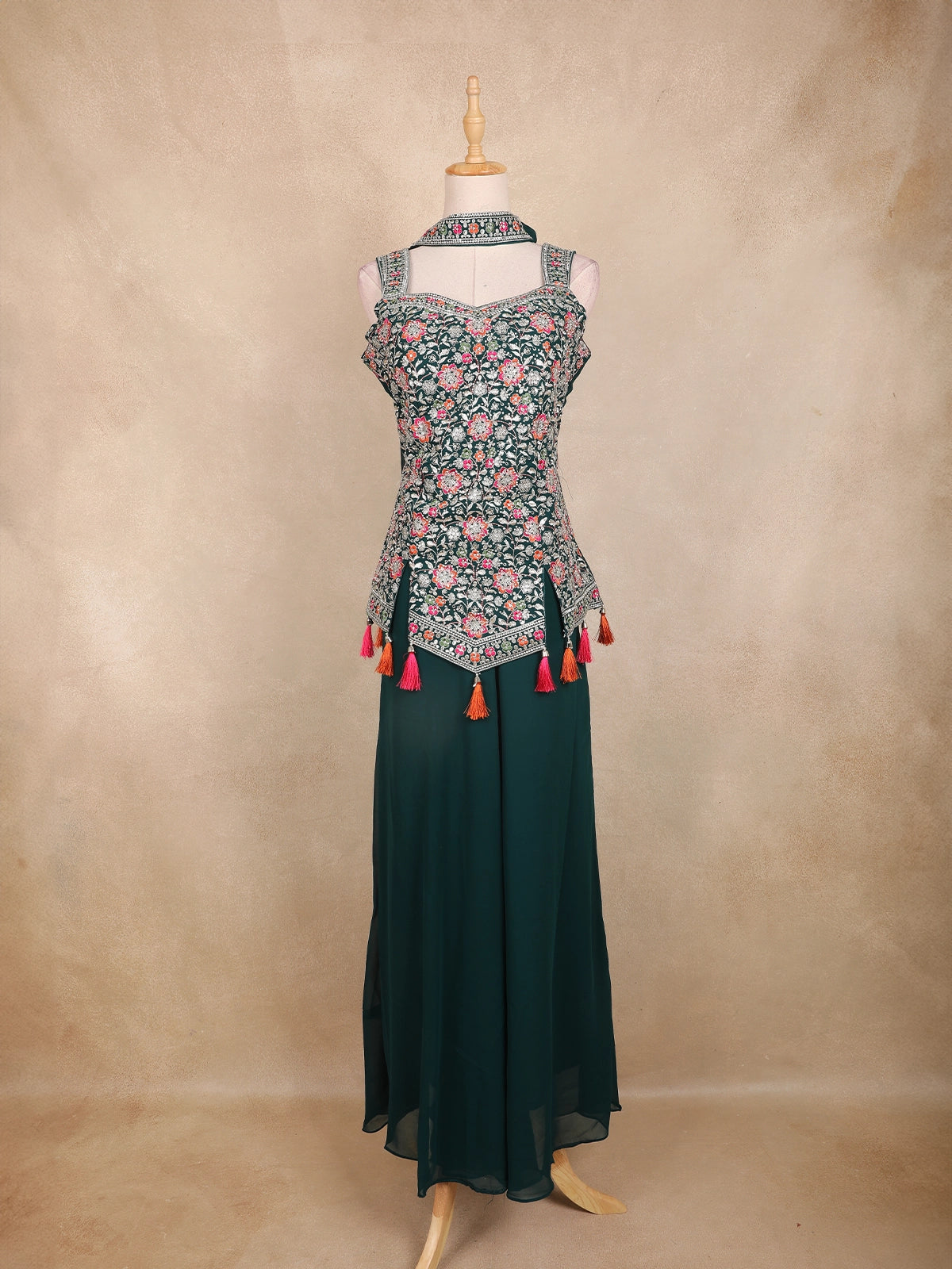 Bottle Green Floral Embroidered Design Chiffon Palazzo Suit with Dupatta