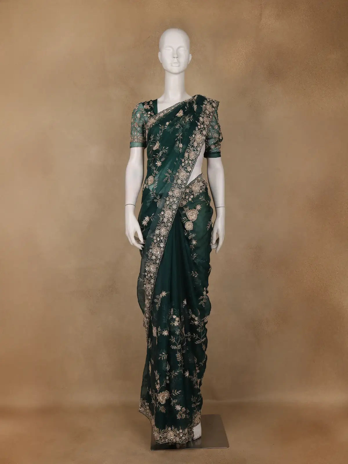 Bottle Green Floral Embroidered Net Saree - Diadem