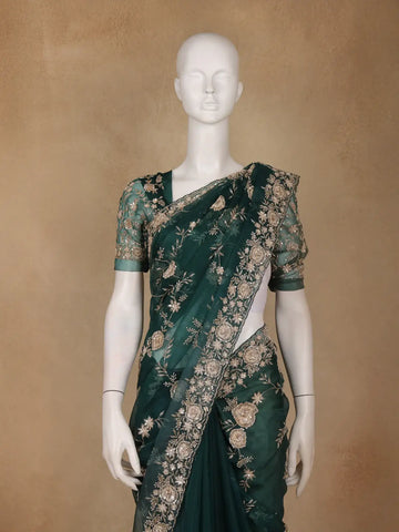 Bottle Green Floral Embroidered Net Saree - Diadem