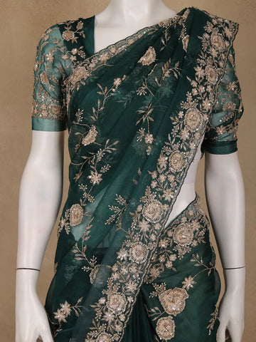 Bottle Green Floral Embroidered Net Saree - Diadem