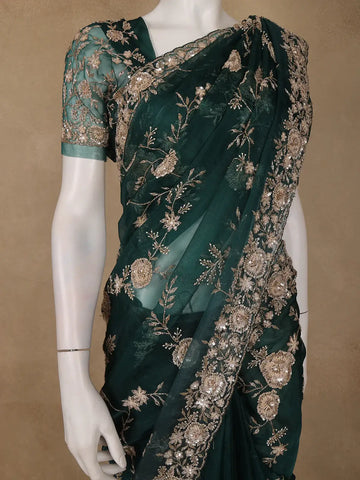 Bottle Green Floral Embroidered Net Saree - Diadem