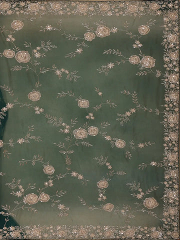 Bottle Green Floral Embroidered Net Saree - Diadem