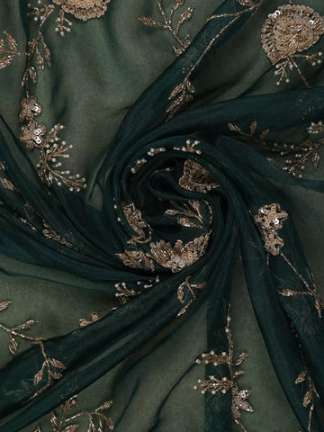 Bottle Green Floral Embroidered Net Saree - Diadem