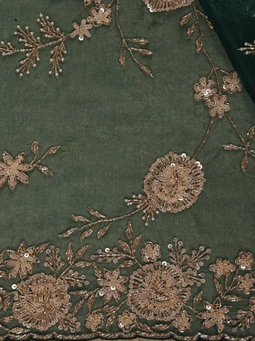 Bottle Green Floral Embroidered Net Saree - Diadem