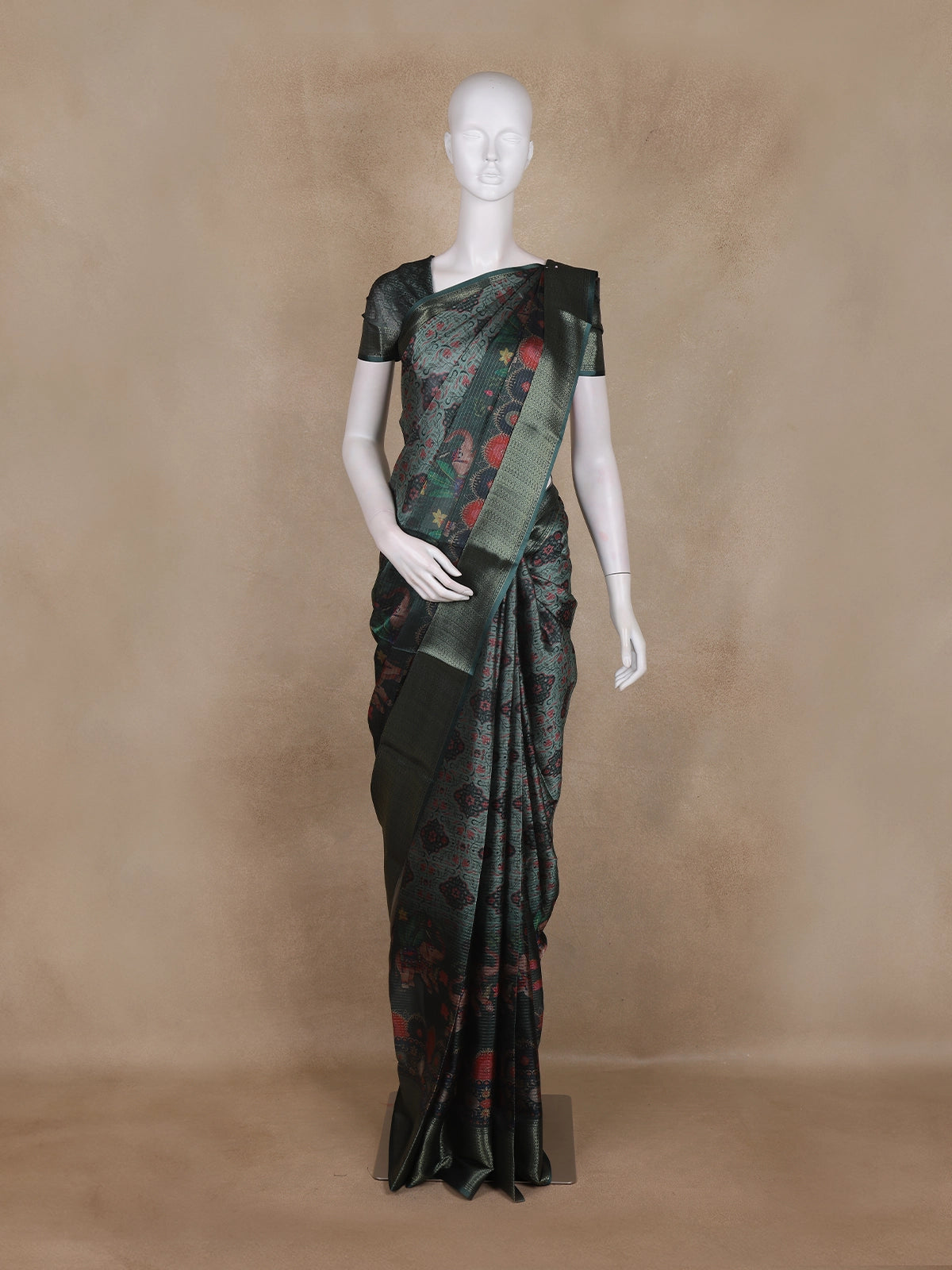 Bottle Green Floral Printed Design Mixed Cotton Fancy Saree with Zari Border