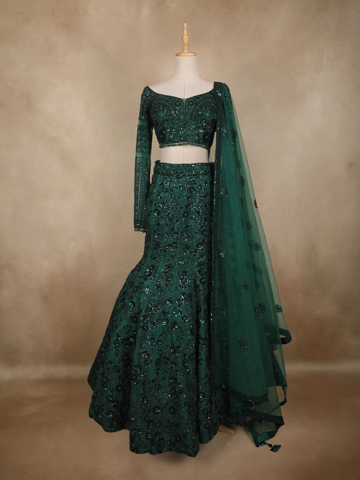 Bottle Green Heavy Sequins and Beads Embroidered Design Mermaid Net Lehenga With Dupatta | Diadem Bottle Green Heavy Sequins and Beads Embroidered Design Mermaid Net Lehenga With Dupatta | Diadem