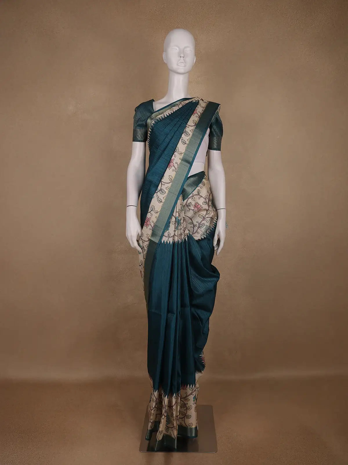 Bottle Green Kalamkari Design Floral Printed Cotton Saree - Diadem