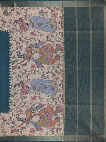 Bottle Green Kalamkari Design Floral Printed Cotton Saree - Diadem