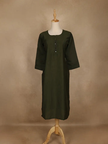 Bottle Green Solid Cotton Kurti With Button Detailing - Diadem