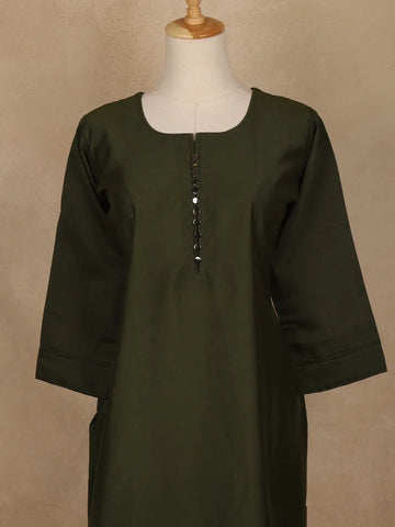 Bottle Green Solid Cotton Kurti With Button Detailing - Diadem