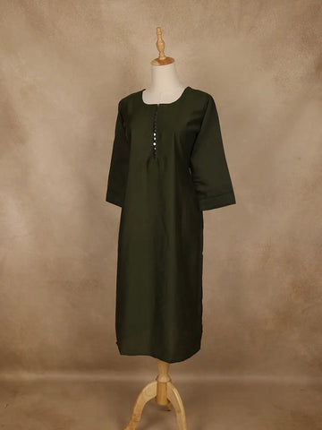 Bottle Green Solid Cotton Kurti With Button Detailing - Diadem