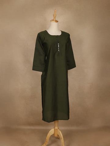 Bottle Green Solid Cotton Kurti With Button Detailing - Diadem