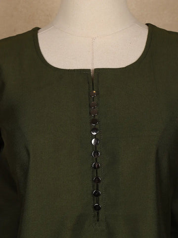 Bottle Green Solid Cotton Kurti With Button Detailing - Diadem