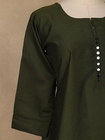 Bottle Green Solid Cotton Kurti With Button Detailing - Diadem