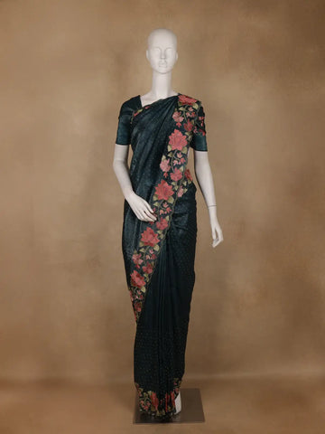Bottle Green Solid Design Stone Work Organza Saree With Scalloped Border - Diadem