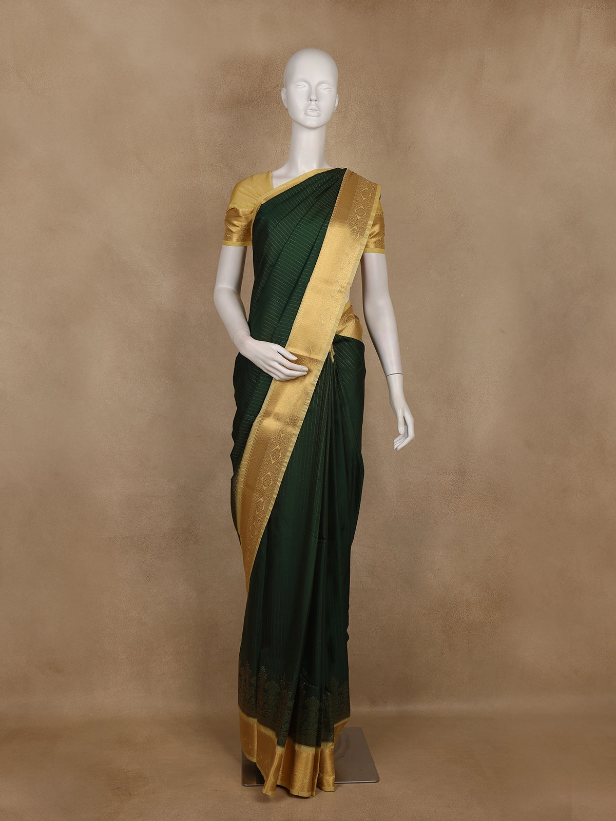 Bottle Green Striped Design Semi Silk Saree with Contrast Mustard Zari Border