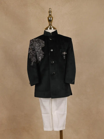 Bottle Green Velvet Indo-Western Kids Sherwani With Beads Embellished Shoulder - Diadem