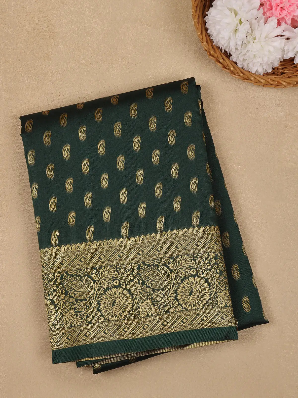 Bottle Green Floral Design Silk Saree - Diadem
