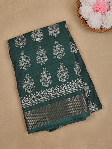 Bottle Green Floral Designed Cotton Saree - Diadem