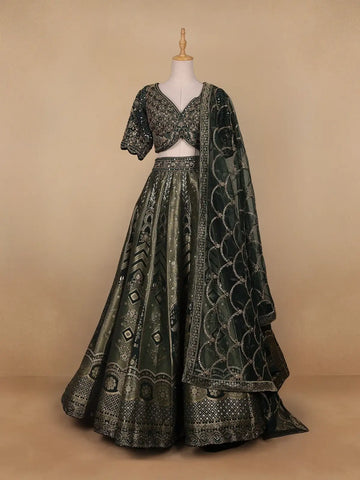 Bottle Green Floral Embroidered Semi Silk Lehenga for Brides - Diadem