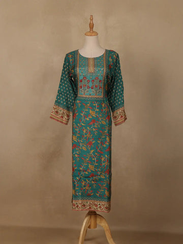 Bottle Green Floral Printed Rayon Kurti - Diadem