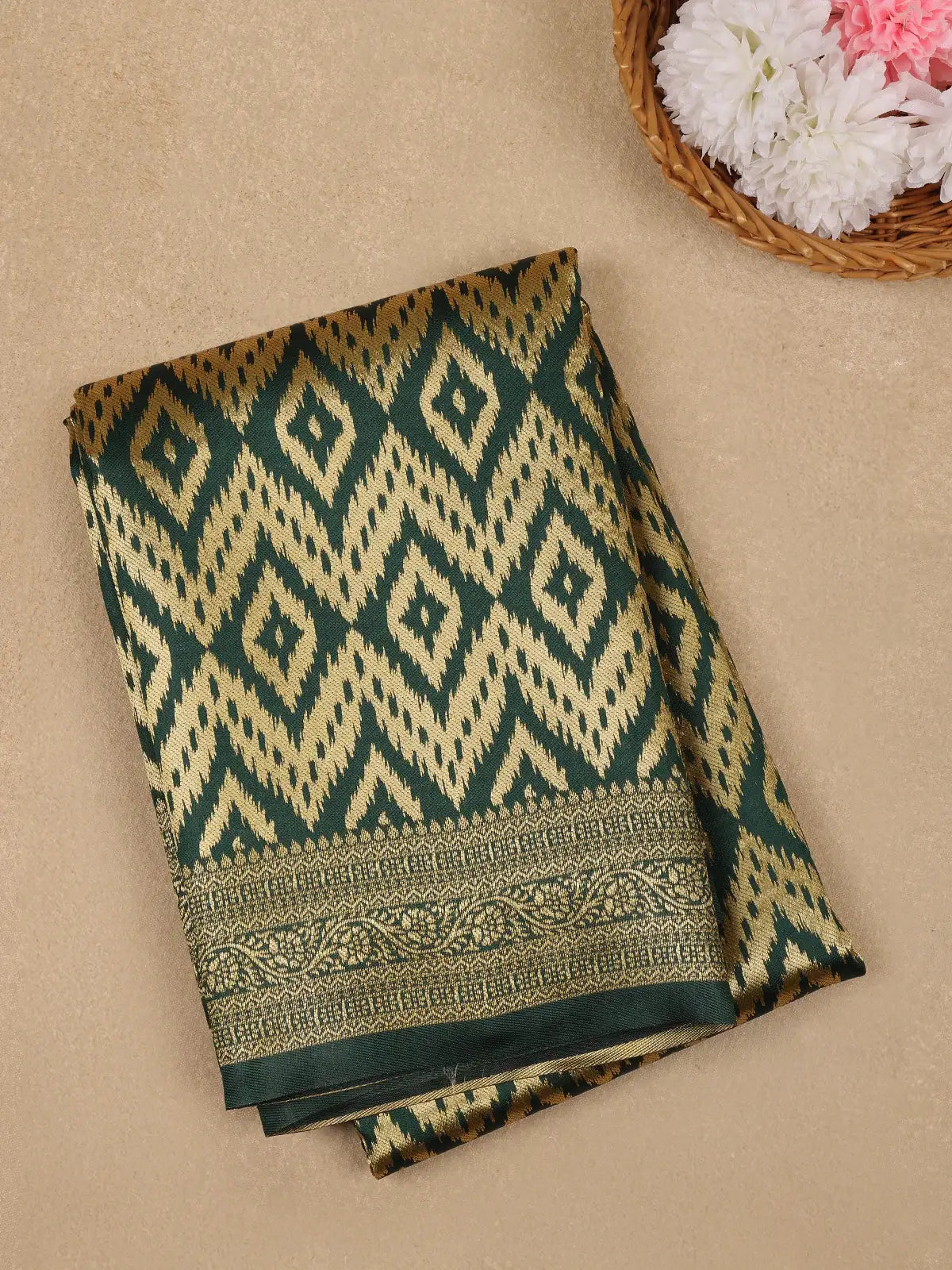 Bottle Green Geometric Ikat Design Silk Saree - Diadem