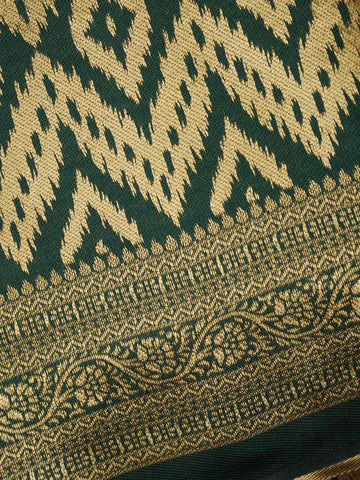 Bottle Green Geometric Ikat Design Silk Saree - Diadem