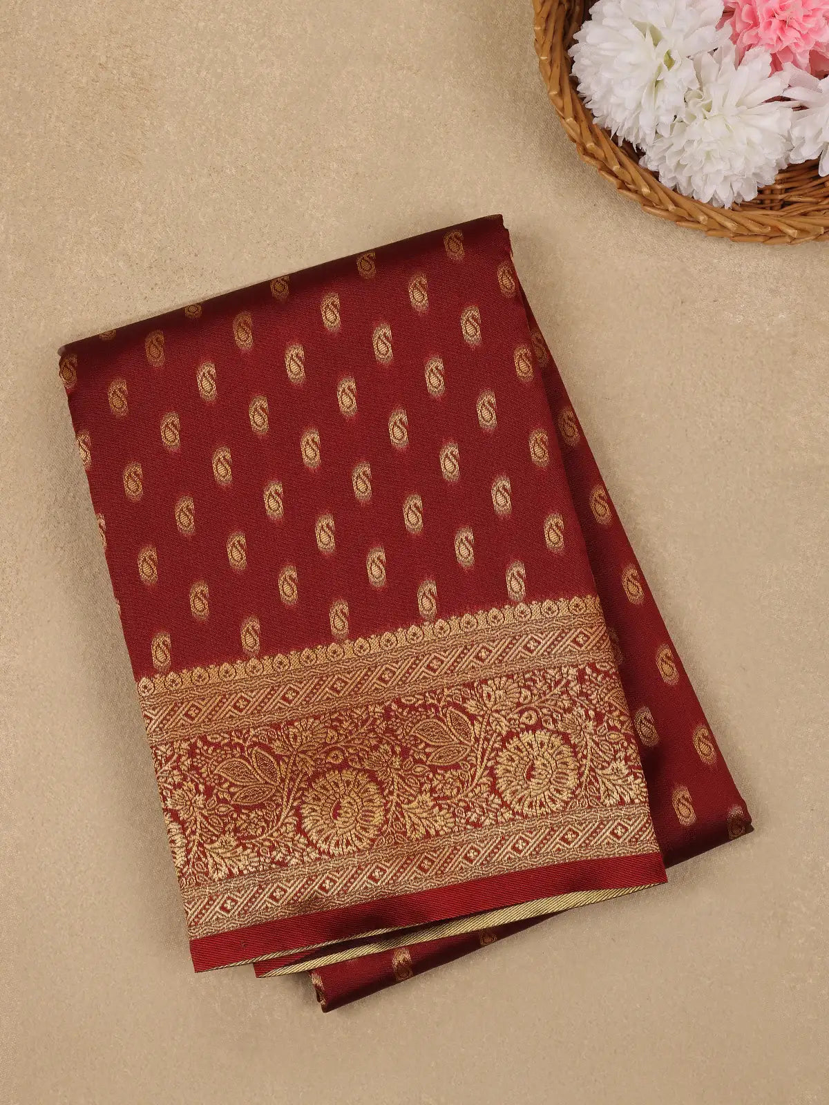 Brick Red Floral Design Silk Saree - Diadem