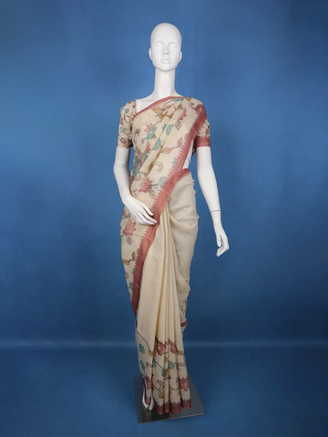 Brick Red Kalamkari Inspired Floral Printed Cotton Saree - Diadem
