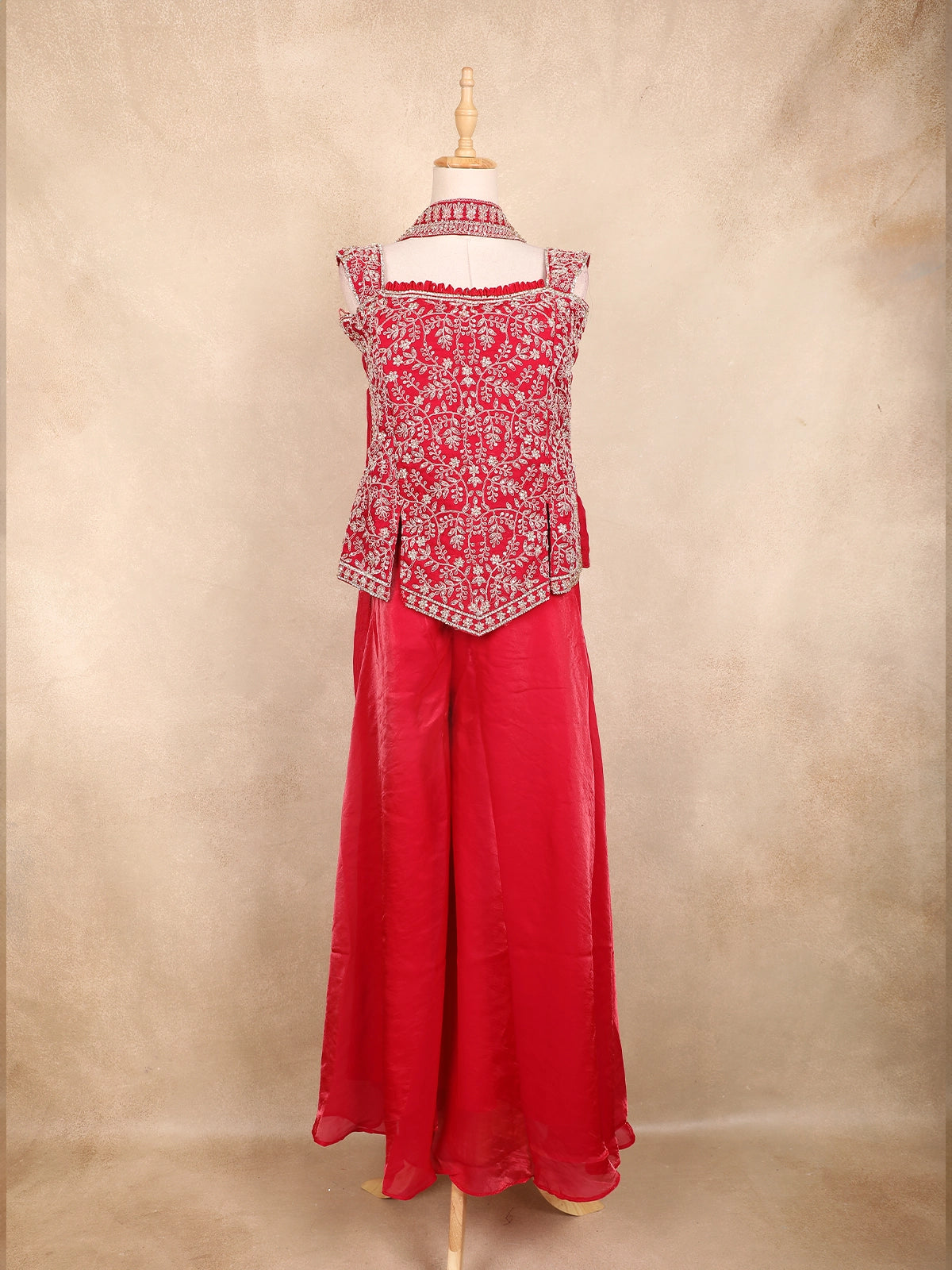Bright Red Floral Embroidered Design Organza Palazzo Suit