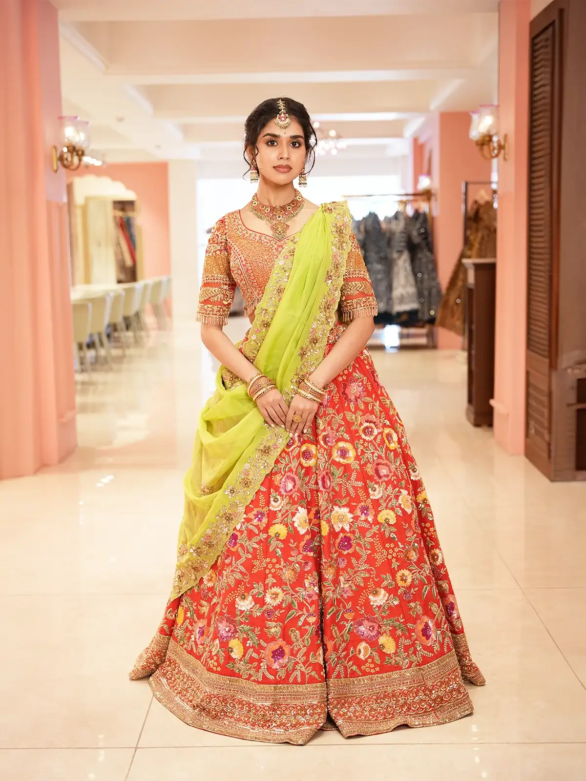 Bright Red Floral Embroidered Raw Silk Bridal Lehenga - Diadem
