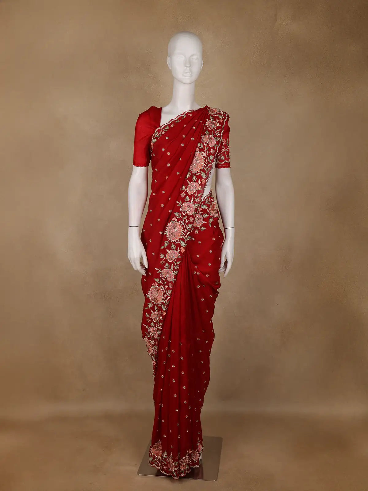 Bright Red Floral Embroidered Satin Saree - Diadem