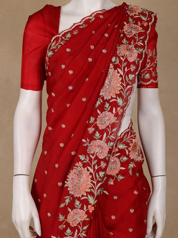 Bright Red Floral Embroidered Satin Saree - Diadem