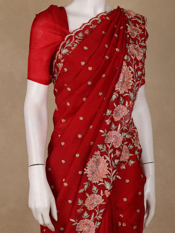 Bright Red Floral Embroidered Satin Saree - Diadem