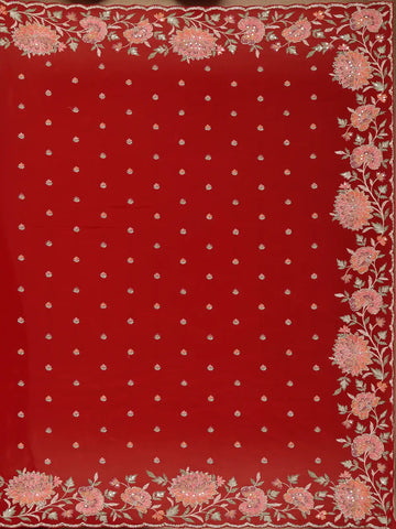 Bright Red Floral Embroidered Satin Saree - Diadem